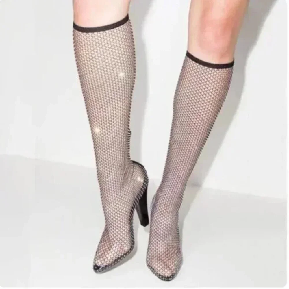 FSJ Black Diamante Fish Net Sexy High Heel Long Boots